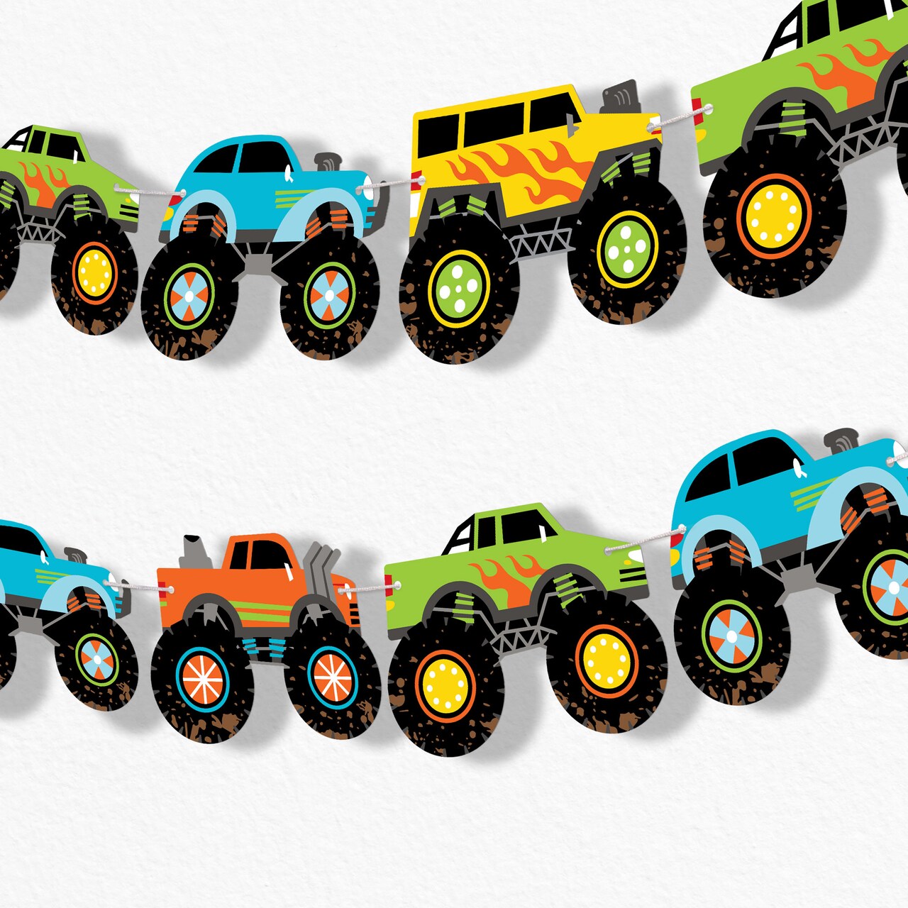Big Dot of Happiness Monster Truck Garland Banner, Kids Birthday Party, Smash & Crash Banner Backdrop, 30 Feet of Cord, 15 Double-Sided Monster Trucks